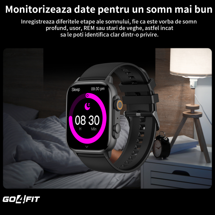 Ceas Smartwatch GO4FIT®, Ecran Touch 1.95’’ Amoled, Apeluri, Notificari, Microfon, Difuzor, Bluetooth 5.2, Blocarea Ecranului, Limba Romana, Autonomie 7 Zile, NFC, Interfata Customizabila, Negru [8]