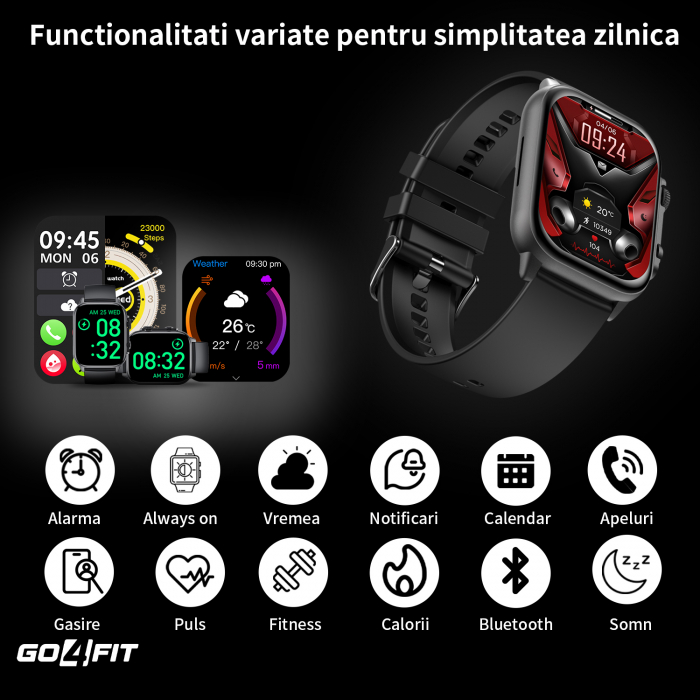 Ceas Smartwatch GO4FIT®, Ecran Touch 1.95’’ Amoled, Apeluri, Notificari, Microfon, Difuzor, Bluetooth 5.2, Blocarea Ecranului, Limba Romana, Autonomie 7 Zile, NFC, Interfata Customizabila, Negru [2]