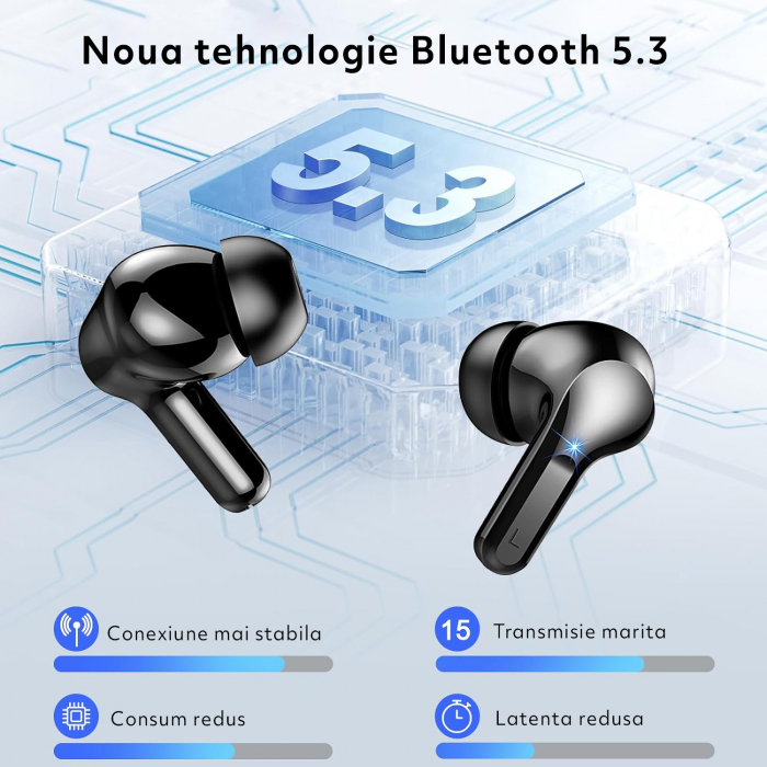 Casti Wireless Audio fara Fir, Bluetooth 5.3, Microfon cu ENC, Afisaj LED, Control Tactil, Autonomie 40h, Tip Incarcare Type-C, Carcasa Magnetica, 400mAh, Rezistenta la Apa IPX7, Negru [5]