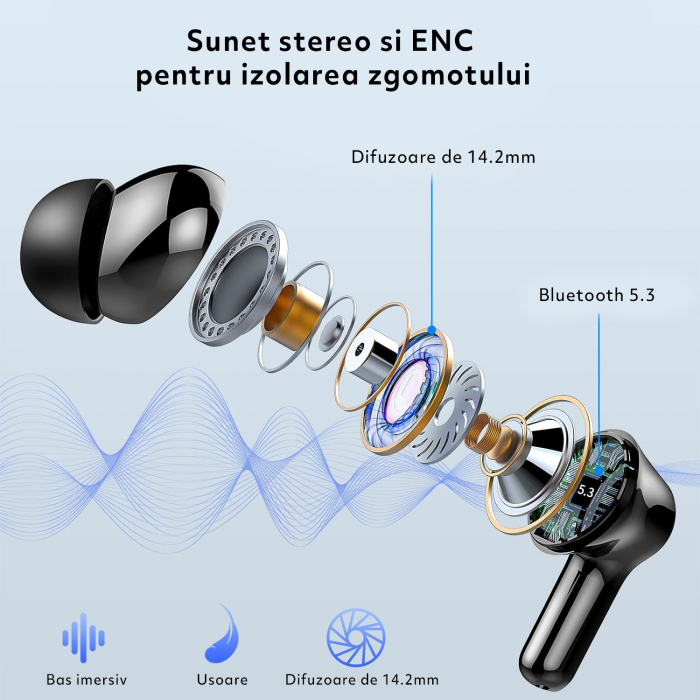 Casti Wireless Audio fara Fir, Bluetooth 5.3, Microfon cu ENC, Afisaj LED, Control Tactil, Autonomie 40h, Tip Incarcare Type-C, Carcasa Magnetica, 400mAh, Rezistenta la Apa IPX7, Negru [3]