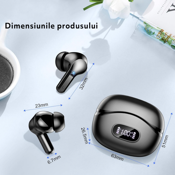 Casti Wireless Audio fara Fir, Bluetooth 5.3, Microfon cu ENC, Afisaj LED, Control Tactil, Autonomie 40h, Tip Incarcare Type-C, Carcasa Magnetica, 400mAh, Rezistenta la Apa IPX7, Negru [7]