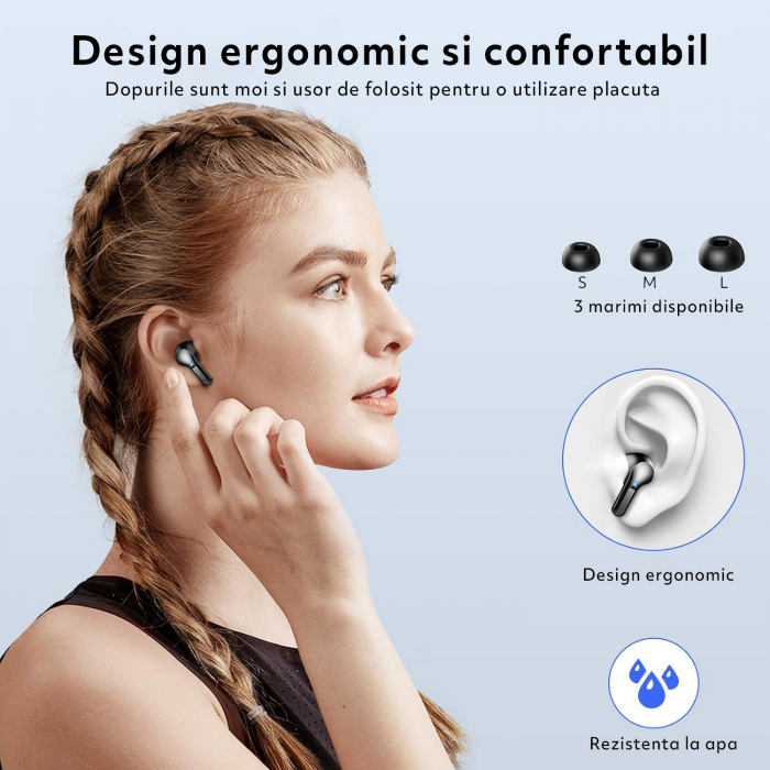 Casti Wireless Audio fara Fir, Bluetooth 5.3, Microfon cu ENC, Afisaj LED, Control Tactil, Autonomie 40h, Tip Incarcare Type-C, Carcasa Magnetica, 400mAh, Rezistenta la Apa IPX7, Negru [2]