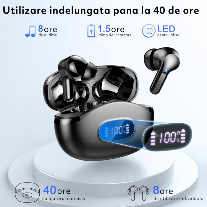 Casti Wireless Audio fara Fir, Bluetooth 5.3, Microfon cu ENC, Afisaj LED, Control Tactil, Autonomie 40h, Tip Incarcare Type-C, Carcasa Magnetica, 400mAh, Rezistenta la Apa IPX7, Negru [4]