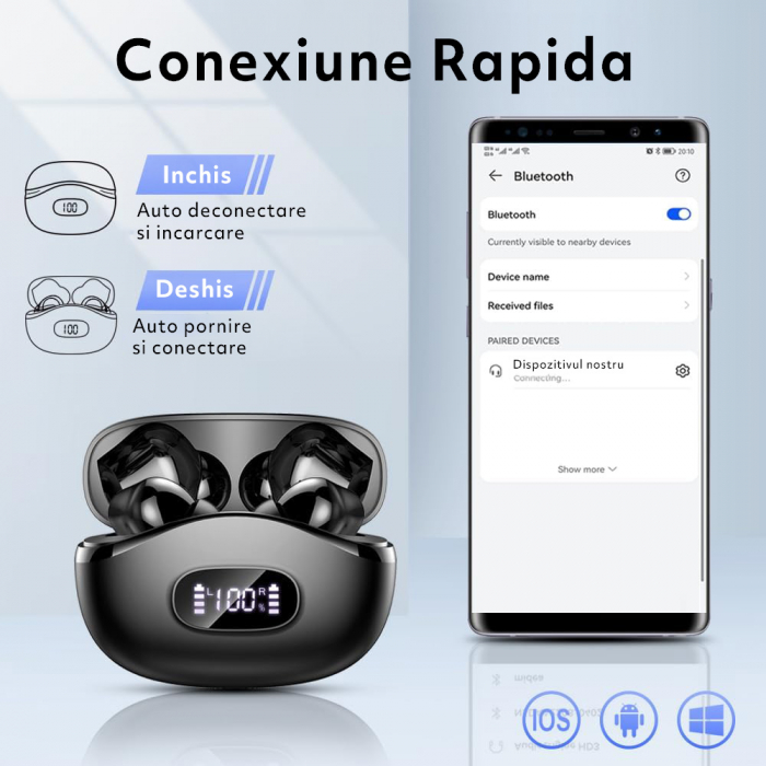 Casti Wireless Audio fara Fir, Bluetooth 5.3, Microfon cu ENC, Afisaj LED, Control Tactil, Autonomie 40h, Tip Incarcare Type-C, Carcasa Magnetica, 400mAh, Rezistenta la Apa IPX7, Negru [6]
