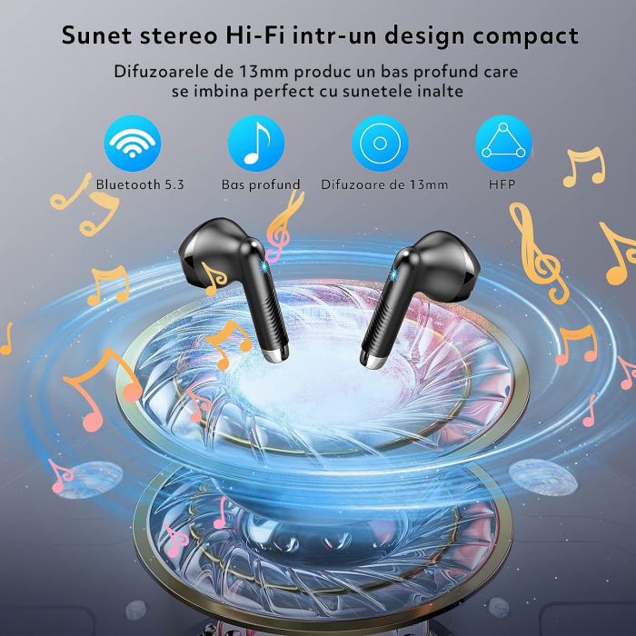 Casti Wireless Audio GO4FIT®,  Model GX09, Bluetooth 5.3, Microfon, Afisaj LED, Control Tactil, Autonomie 56h, Tip Incarcare Type-C, Carcasa Magnetica, Rezistenta la Apa IPX7, Negru [3]
