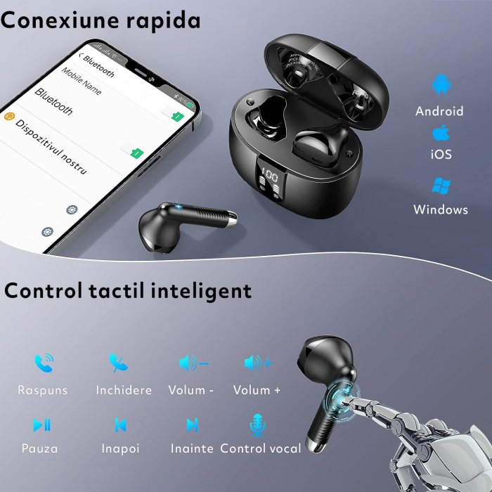 Casti Wireless Audio GO4FIT®,  Model GX09, Bluetooth 5.3, Microfon, Afisaj LED, Control Tactil, Autonomie 56h, Tip Incarcare Type-C, Carcasa Magnetica, Rezistenta la Apa IPX7, Negru [6]