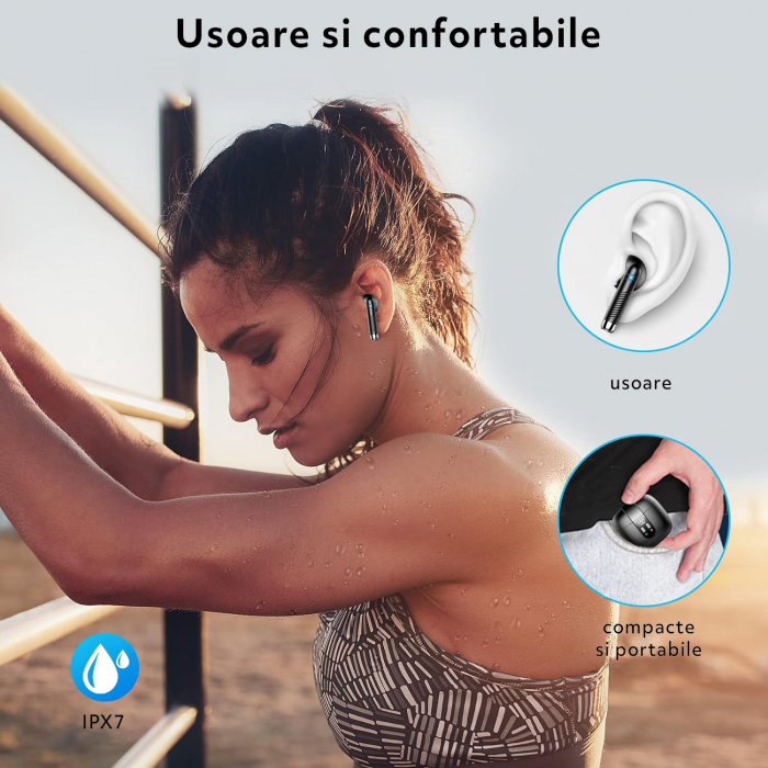 Casti Wireless Audio GO4FIT®,  Model GX09, Bluetooth 5.3, Microfon, Afisaj LED, Control Tactil, Autonomie 56h, Tip Incarcare Type-C, Carcasa Magnetica, Rezistenta la Apa IPX7, Negru [7]