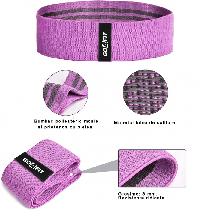 Set 3 benzi elastice din material, GO4FIT, 3 niveluri de rezistenta, saculet inclus [4]