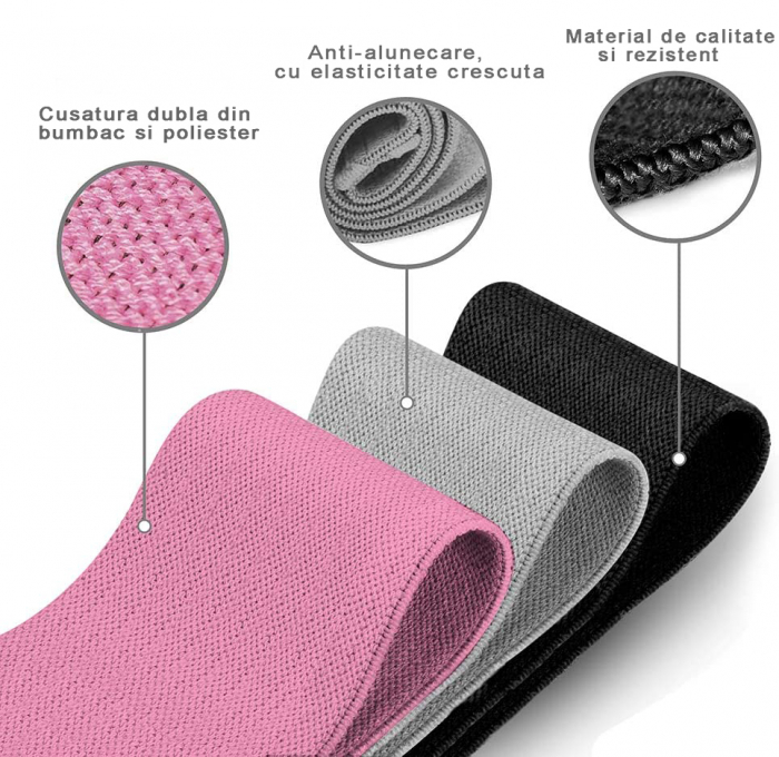 Set 3 benzi elastice din material, GO4FIT, 3 niveluri de rezistenta, saculet inclus, roz/gri/negru [9]