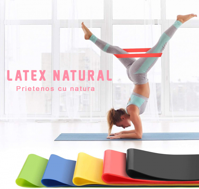 RESIGILAT - Set 5 mini benzi elastice rezistenta din latex, GO4FIT, pentru antrenament sala, fitness, yoga, pilates, gimnastica de recuperare, 5 niveluri de dificultate, saculet inclus [5]