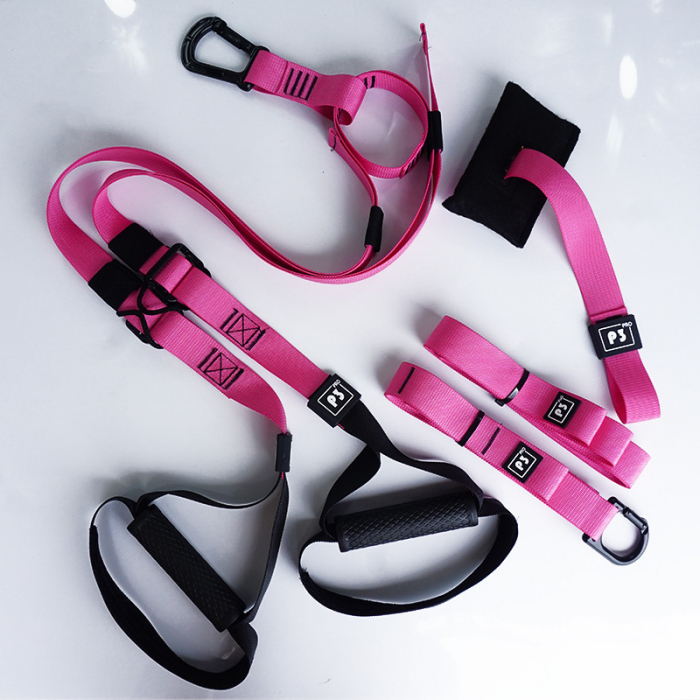 Set sistem suspensie tip TRX, pentru fitness, workout, yoga, gimnastica de recuperare, exercitii fizice, aerobic, pilates, roz [4]
