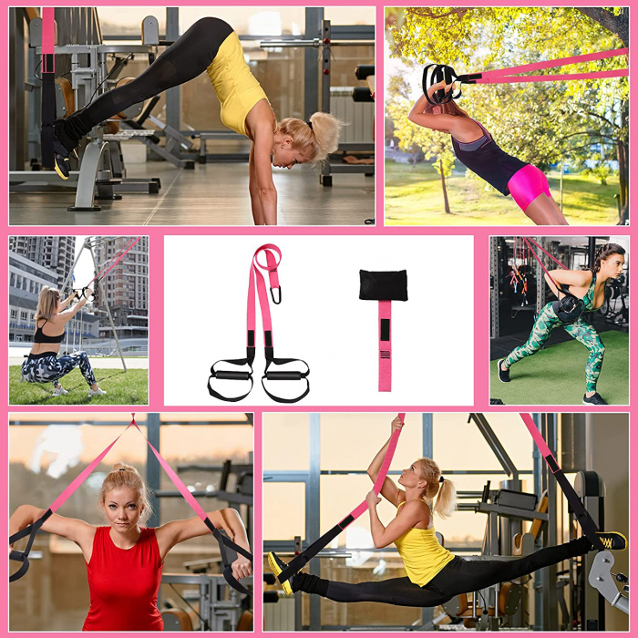 Set sistem suspensie tip TRX, pentru fitness, workout, yoga, gimnastica de recuperare, exercitii fizice, aerobic, pilates, roz [2]