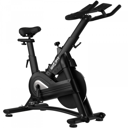 Aparate Fitness - Bicicleta Spinning Magnetica GO4FIT® Model GF220 PRO, Volanta 18kg, Rezistenta Ajustabila, Greutate Maxima Utilizator 150kg, Bluetooth, Aplicatii Fitness Telefon, Monitor, Distanta, Viteza, Calorii