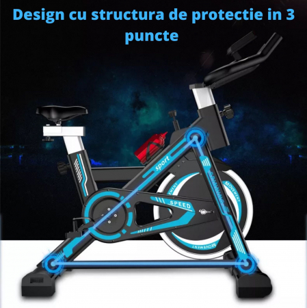 Bicicleta spinning pentru fitness, GO4FIT®, model GF1000, volanta 6 kg, greutate maxima utilizator 150 kg, functii: timp, viteza, distanta, calorii, puls, culoare albastru [5]