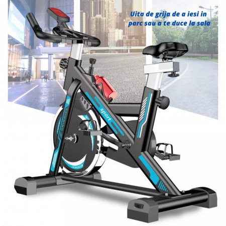 Bicicleta spinning pentru fitness, GO4FIT®, model GF1000, volanta 6 kg, greutate maxima utilizator 150 kg, functii: timp, viteza, distanta, calorii, puls, culoare albastru [4]