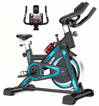 Bicicleta spinning pentru fitness, GO4FIT®, model GF1000, volanta 6 kg, greutate maxima utilizator 150 kg, functii: timp, viteza, distanta, calorii, puls, culoare albastru [0]