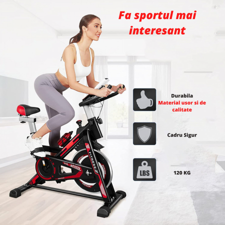 Bicicleta spinning pentru fitness, GO4FIT®, model GF1000, volanta 6 kg, greutate maxima utilizator 150 kg, functii: timp, viteza, distanta, calorii, puls, culoare rosu [6]