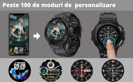 Ceas smartwatch pentru barbati, GO4FIT® , model GK22, rezistent la apa IP67, Notificari Apeluri/Sms/Social Media, monitorizare activitati fizice, somn, ritm cardiac, pedometru, rezistent la apa, negru [8]