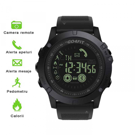 RESIGILAT - Ceas smartwatch sport, GO4FIT, model GF02, notificari apeluri, sms, social media, monitorizare activitati fizice, fitness, pedometru, calorii, rezistent la apa, curea de silicon, negru [3]