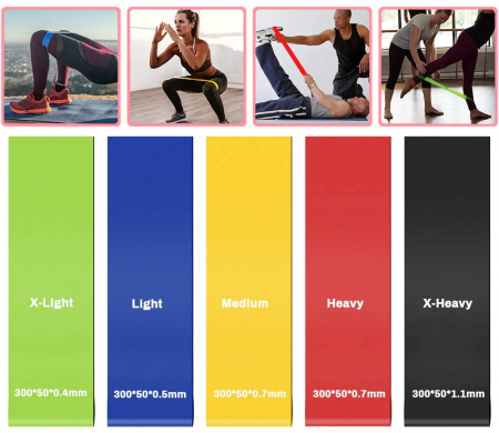 RESIGILAT - Set 5 mini benzi elastice rezistenta din latex, GO4FIT, pentru antrenament sala, fitness, yoga, pilates, gimnastica de recuperare, 5 niveluri de dificultate, saculet inclus [11]