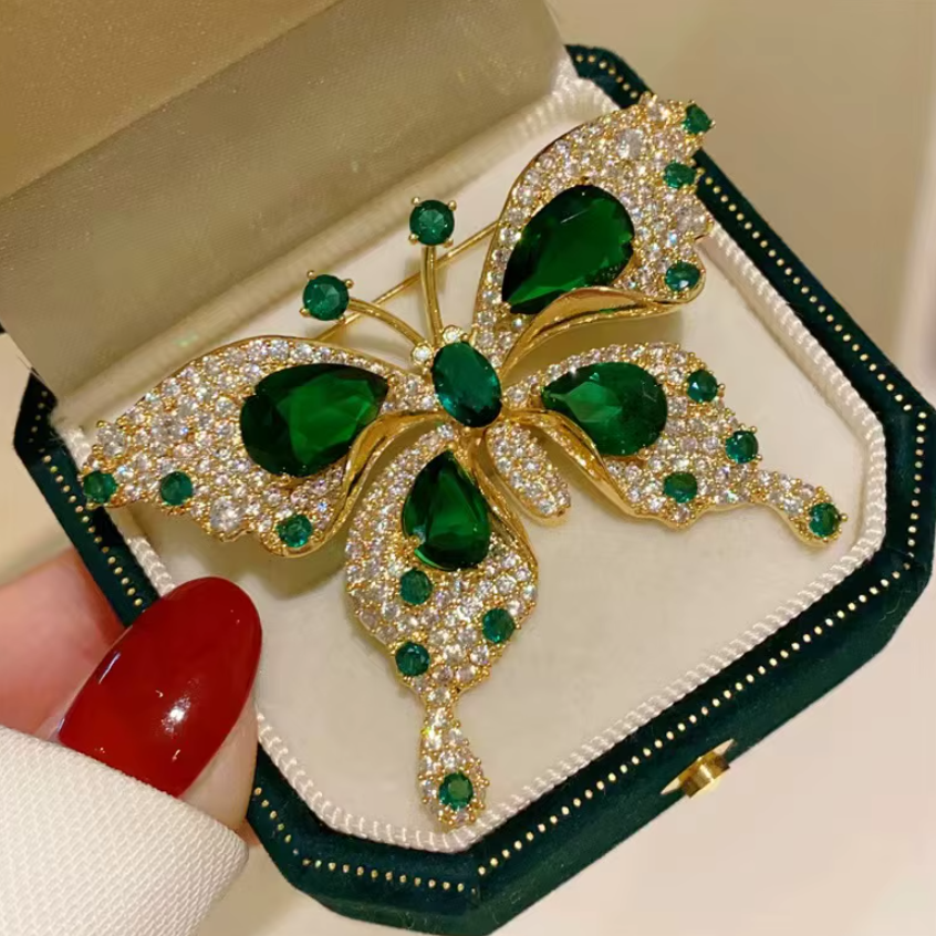 Accesoriu decorativ pentru femei, CRM, brosa eleganta model fluture, verde/auriu [2]