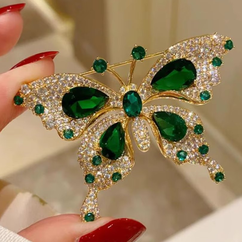 Accesoriu decorativ pentru femei, CRM, brosa eleganta model fluture, verde/auriu [3]