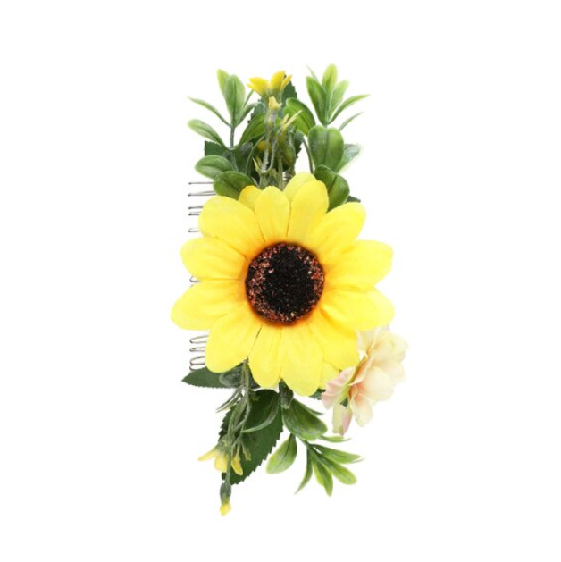 Accesoriu Elegant Pentru Par, CRM, Pieptene Decorativ cu Flori, Galben si Verde, 17 cm [2]