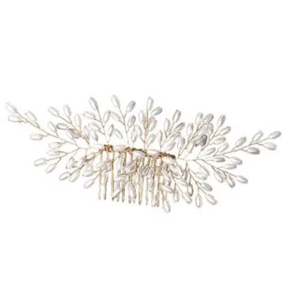 Accesoriu elegant pentru par, model perlat, CRM, tip piaptan, alb-auriu [2]