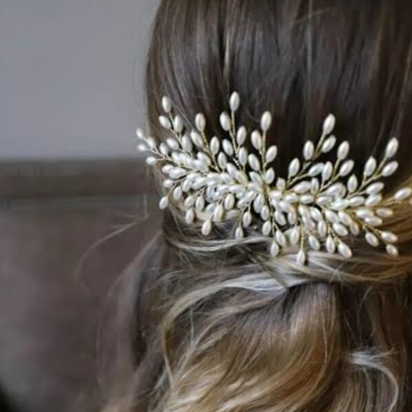 Accesoriu elegant pentru par, model perlat, CRM, tip piaptan, alb-auriu [4]