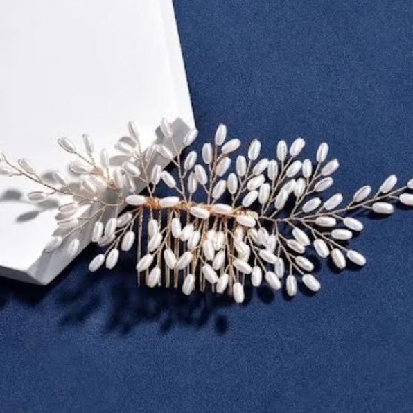 Accesoriu elegant pentru par, model perlat, CRM, tip piaptan, alb-auriu [3]