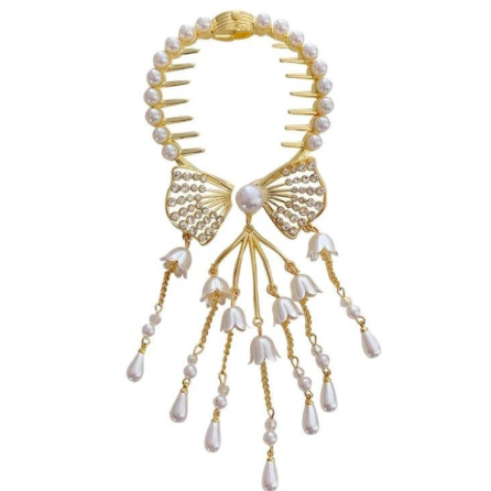 Agrafă elegantă de păr cu perle și cristale, CRM, cu fundă și ciucuri, accesorii zilnice sau ocazii speciale [2]