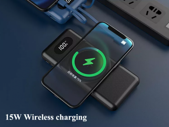 Baterie externa, powerbank cu incarcare Wireless Fast Charge, cabluri triple incorporate, neagra, 12000mAh [4]