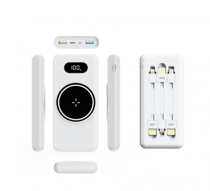 Baterie externa, powerbank cu incarcare Wireless Fast Charge, cabluri triple incorporate, neagra, 12000mAh [10]