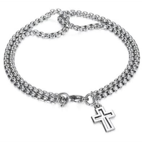 Bratara dubla si cruciulita, CRM, vintage, unisex, argintie, 20 cm [6]