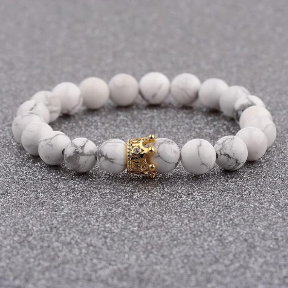 Bratara eleganta, CRM, margele howlite alb/gri, coroana decorativa, elastica [3]