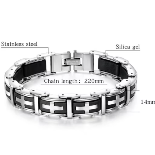 Brățară Elegantă pentru Bărbați, Design Cruce, Negru/Argintiu, 22 cm [3]