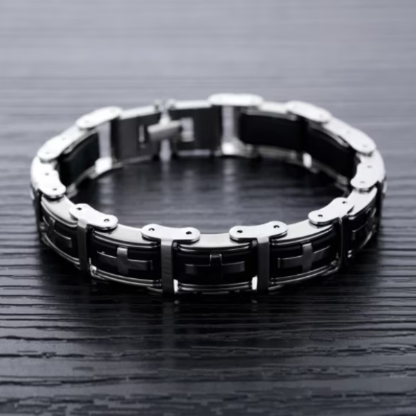 Brățară Elegantă pentru Bărbați, Design Cruce, Negru/Argintiu, 22 cm [5]