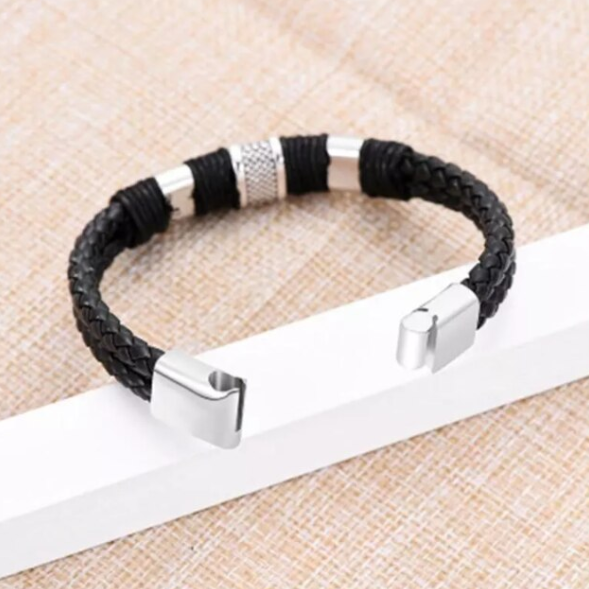 Bratara impletita pentru barbati, cu accesorii si inchidere din otel inoxidabil, CRM, negru/argintiu, 21.5 cm [4]