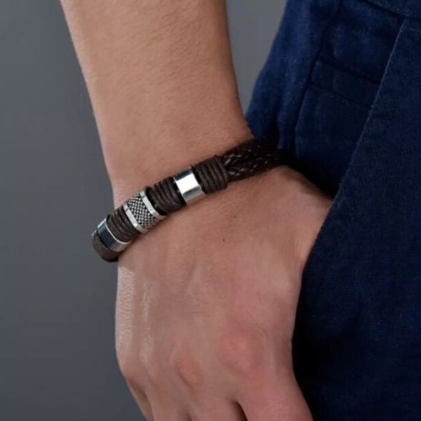 Bratara impletita pentru barbati, cu accesorii si inchidere din otel inoxidabil, CRM, negru/argintiu, 21.5 cm [5]
