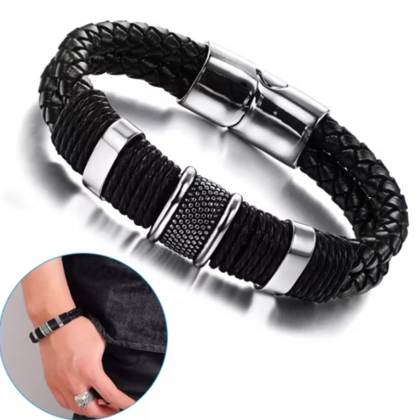 Bratara impletita pentru barbati, cu accesorii si inchidere din otel inoxidabil, CRM, negru/argintiu, 21.5 cm [2]