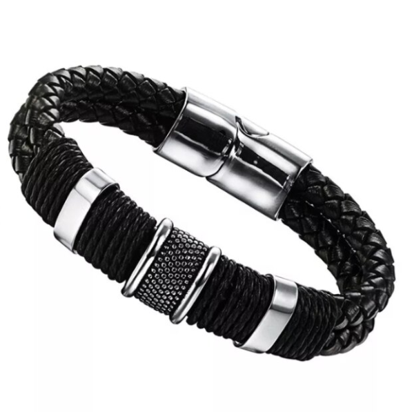 Bratara impletita pentru barbati, cu accesorii si inchidere din otel inoxidabil, CRM, neagru/argintiu, 21.5 cm [5]
