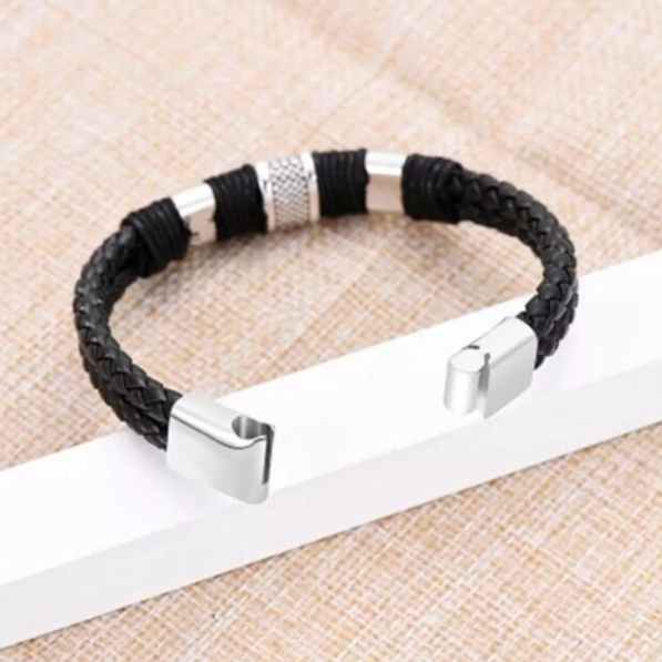 Bratara impletita pentru barbati, cu accesorii si inchidere din otel inoxidabil, CRM, neagru/argintiu, 21.5 cm [2]
