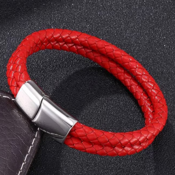 Bratara Unisex, CRM, Piele Impletita, Magnetica, Rosu, Accesoriu Casual, 20.5 cm [2]