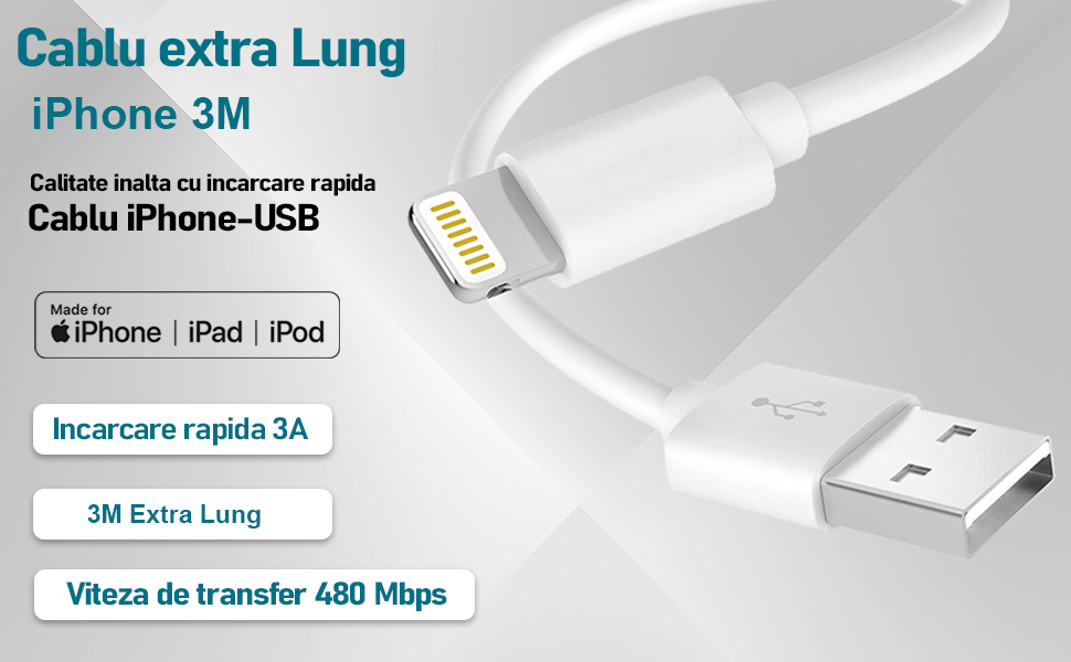 Cablu USB to Lightning, 3 metri, Alb pentru iPhone [5]