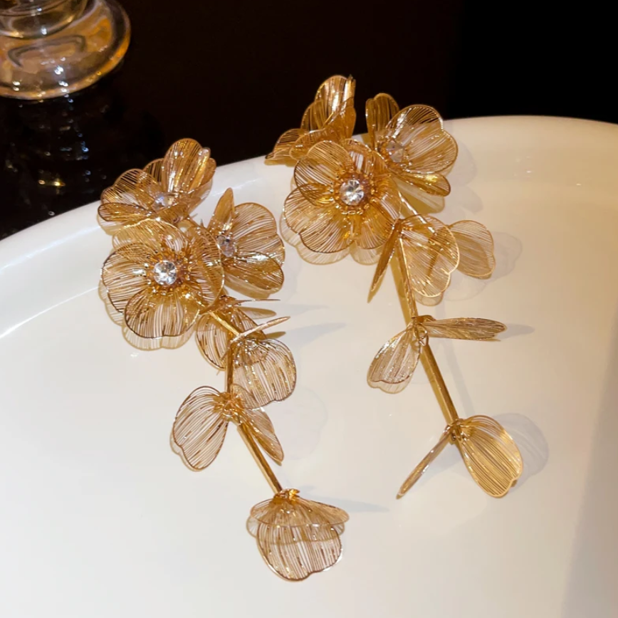 Cercei deLux Floral, CRM, Statement cu Franjuri Elegante pentru Femei, Auriu [2]