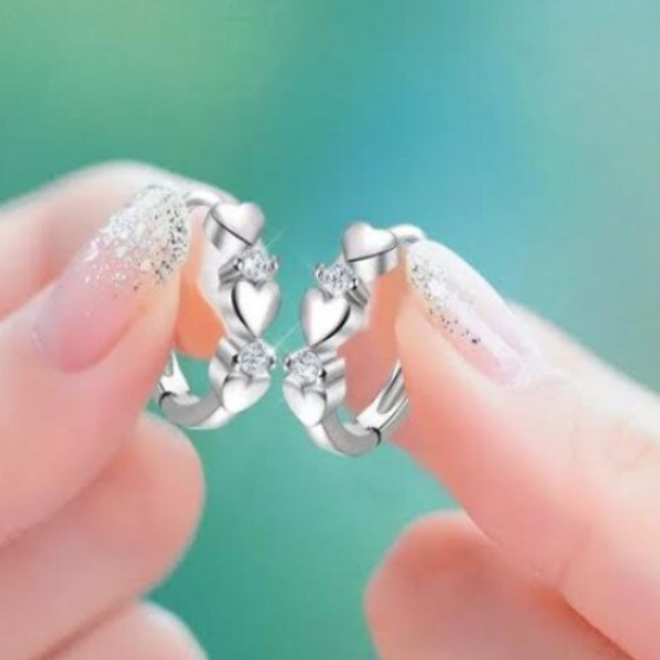 Cercei pentru fetite, CRM, model inimioare cu pietre stralucitoare, argintii [5]