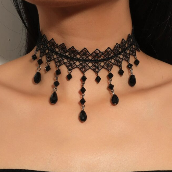 Choker Dantelat, Model Deosebit, CRM, Negru, Textil [5]
