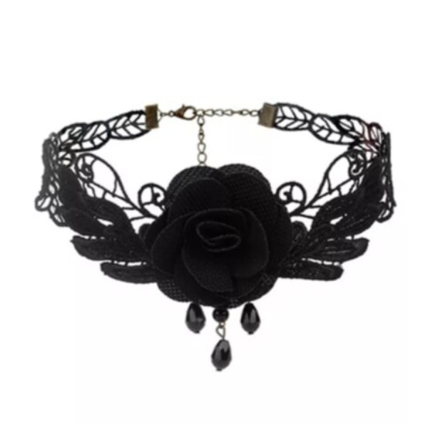 Choker elegant, brodat, model trandafir, CRM, textil, negru [3]