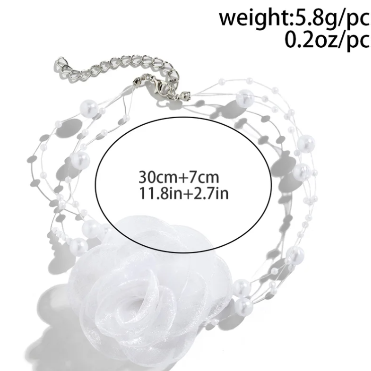 Choker elegant cu floare albă și perle decorative, CRM, Colier tip guler pentru ocazii speciale [2]