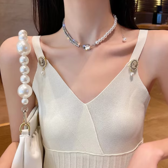 Choker Femei, CRM, Strass și Perle, Argintiu [7]